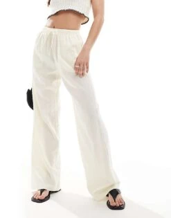Bershka Tie Waist Wide Leg Linen Trousers In Butter Yellow For Women -Chic Maze Sales 208300455 1 butter 1