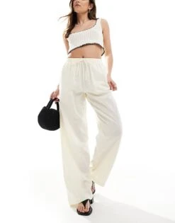 Bershka Tie Waist Wide Leg Linen Trousers In Butter Yellow For Women -Chic Maze Sales 208300455 2