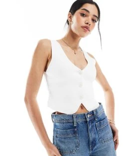 Bershka Knitted Waistcoat In White For Women