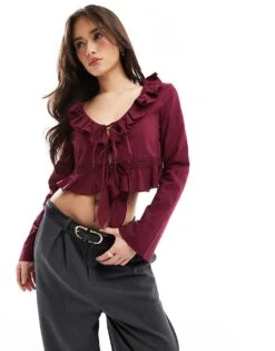 Bershka Ruffle Detail Top In Burgundy For Women -Chic Maze Sales 208313672 1 burgundy 1