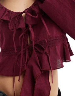 Bershka Ruffle Detail Top In Burgundy For Women -Chic Maze Sales 208313672 2