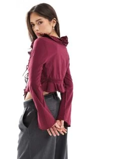 Bershka Ruffle Detail Top In Burgundy For Women -Chic Maze Sales 208313672 3