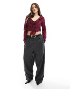 Bershka Ruffle Detail Top In Burgundy For Women -Chic Maze Sales 208313672 4