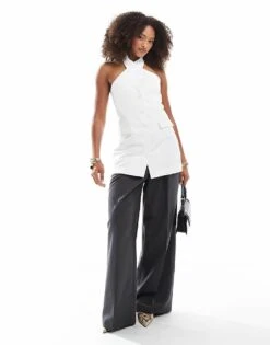 Bershka Longline Halterneck Tailored Waistcoat In White For Women