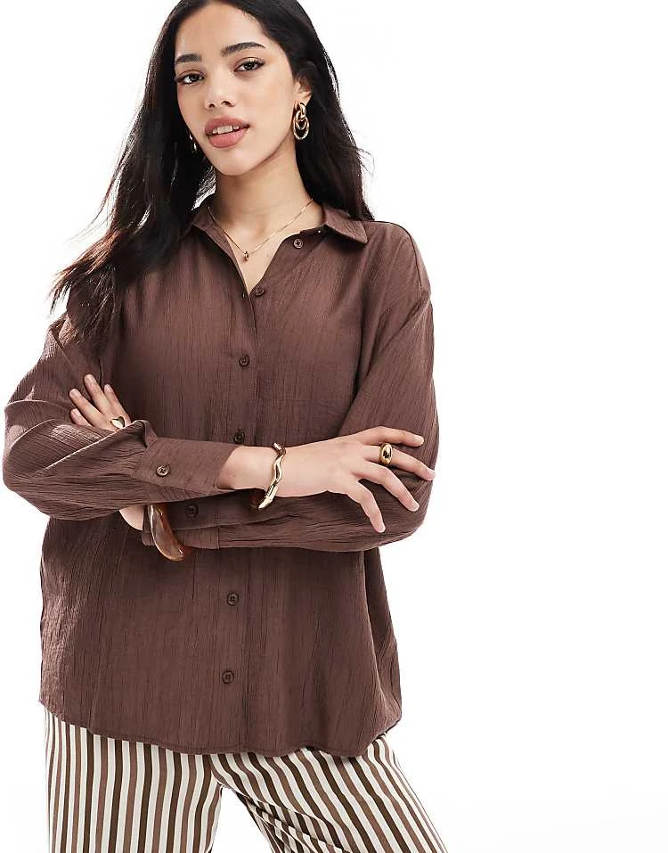 Bershka Crinkle Wide Leg Trousers And Tie Back Shirt Co-ord In Brown 4 Bershka Crinkle Wide Leg Trousers And Tie Back Shirt Co-ord In Brown - Image 2