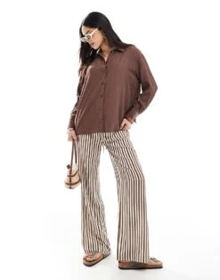 Bershka Crinkle Wide Leg Trousers And Tie Back Shirt Co-ord In Brown