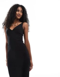 Bershka Shaping Plunge Neck Midaxi Dress In Black For Women -Chic Maze Sales 208313781 3