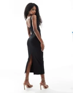 Bershka Shaping Plunge Neck Midaxi Dress In Black For Women -Chic Maze Sales 208313781 4