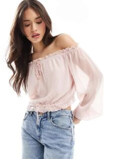 Bershka Ruffle Detail Bardot Top In Pale Pink For Women -Chic Maze Sales 208313805 1 pink 1
