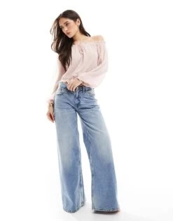 Bershka Ruffle Detail Bardot Top In Pale Pink For Women -Chic Maze Sales 208313805 4