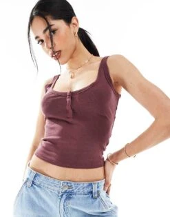 Bershka Button Down Ribbed Vest In Washed Burgundy For Women Red -Chic Maze Sales 208313831 1 red 1