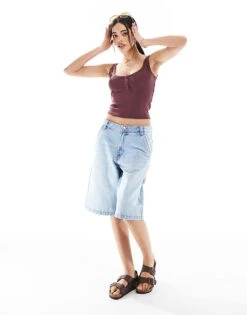 Bershka Button Down Ribbed Vest In Washed Burgundy For Women Red -Chic Maze Sales 208313831 2