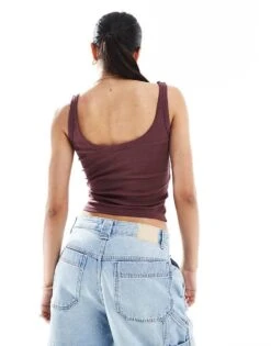 Bershka Button Down Ribbed Vest In Washed Burgundy For Women Red -Chic Maze Sales 208313831 4