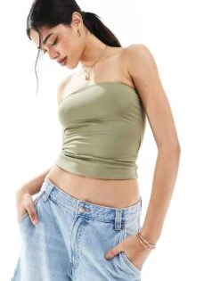 Bershka Polyamide Bandeau Top In Khaki For Women -Chic Maze Sales 208313833 1 khaki 1