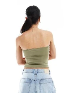 Bershka Polyamide Bandeau Top In Khaki For Women -Chic Maze Sales 208313833 2