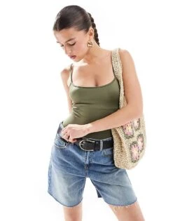 Bershka Polyamide Scoop Neck Bodysuit In Khaki For Women -Chic Maze Sales 208313856 1 khaki 1