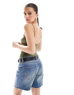 Bershka Polyamide Scoop Neck Bodysuit In Khaki For Women -Chic Maze Sales 208313856 3