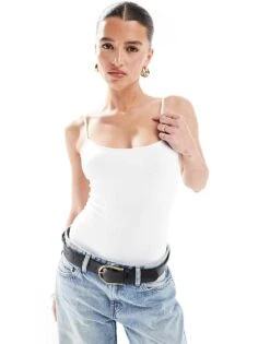 Bershka Polyamide Scoop Neck Bodysuit In White For Women -Chic Maze Sales 208313872 1 white 1