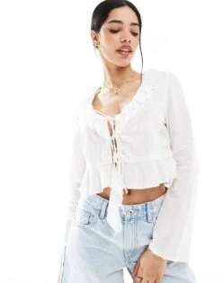 Bershka Ruffle Detail Top In White For Women -Chic Maze Sales 208313906 1 white 1