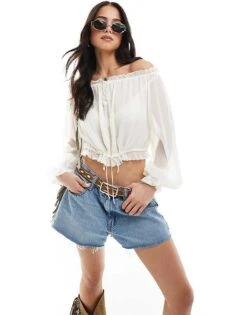 Bershka Ruffle Detail Bardot Top In Ecru For Women -Chic Maze Sales 208313923 1 ecru 1