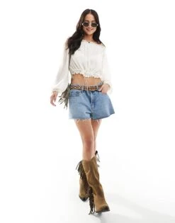 Bershka Ruffle Detail Bardot Top In Ecru For Women -Chic Maze Sales 208313923 2