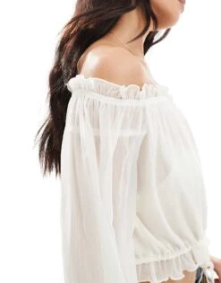 Bershka Ruffle Detail Bardot Top In Ecru For Women -Chic Maze Sales 208313923 3