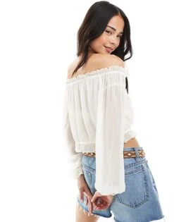 Bershka Ruffle Detail Bardot Top In Ecru For Women -Chic Maze Sales 208313923 4