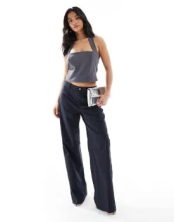 Bershka Petite Tailored Trouser In Navy Stripe For Women -Chic Maze Sales 208313925 1 navy 1