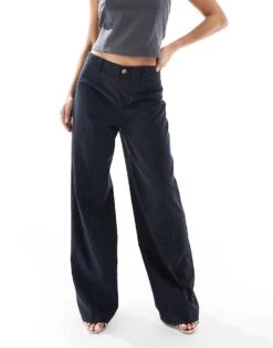 Bershka Petite Tailored Trouser In Navy Stripe For Women -Chic Maze Sales 208313925 2