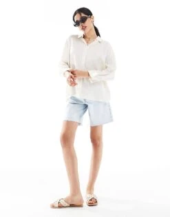 Bershka Tie Back Crinkle Oversized Shirt In Ecru For Women Beige -Chic Maze Sales 208313948 2