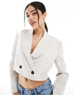 Bershka Double Button Cropped Blazer In Ecru For Women -Chic Maze Sales 208313949 1 ecru 1