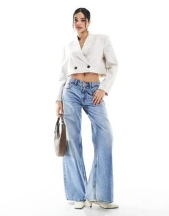 Bershka Double Button Cropped Blazer In Ecru For Women -Chic Maze Sales 208313949 4