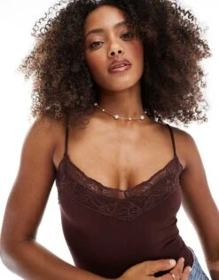 Bershka Lace Detail Bodysuit In Brown For Women -Chic Maze Sales 208313985 1 brown 1