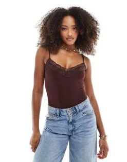 Bershka Lace Detail Bodysuit In Brown For Women -Chic Maze Sales 208313985 3
