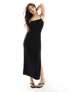 Bershka Square Neck Ruched Side Maxi Dress In Black For Women -Chic Maze Sales 208314023 1 black 1