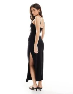 Bershka Square Neck Ruched Side Maxi Dress In Black For Women -Chic Maze Sales 208314023 4