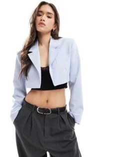 Bershka Cropped Blazer In Dusty Blue For Women