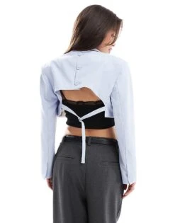 Bershka Cropped Blazer In Dusty Blue For Women -Chic Maze Sales 208314087 3