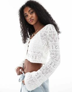 Bershka Crochet Button Front Cardigan In Ecru For Women -Chic Maze Sales 208319395 1 ecru 1