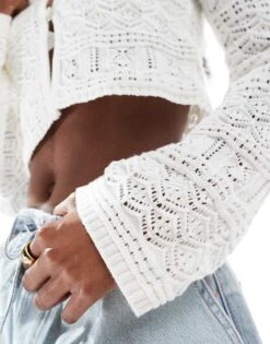 Bershka Crochet Button Front Cardigan In Ecru For Women -Chic Maze Sales 208319395 2