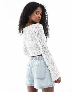 Bershka Crochet Button Front Cardigan In Ecru For Women -Chic Maze Sales 208319395 4