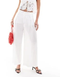 Bershka Wide Leg Linen Trousers In White For Women -Chic Maze Sales 208319412 1 white 1