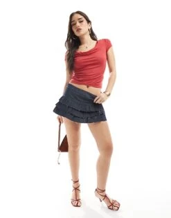 Bershka Raw Edge Tiered Mini Skirt In Dark Blue For Women