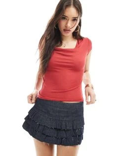 Bershka Raw Edge Tiered Mini Skirt In Dark Blue For Women -Chic Maze Sales 208321083 3