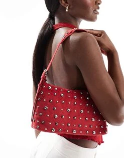Bershka Faux Suede Studded Shoulder Bag In Red For Women