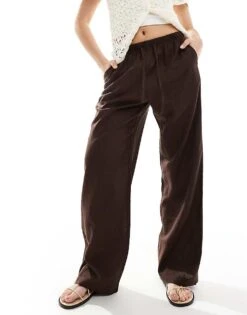 Bershka Tie Waist Wide Leg Linen Trousers In Brown For Women -Chic Maze Sales 208370350 1 brown 1