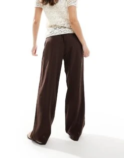Bershka Tie Waist Wide Leg Linen Trousers In Brown For Women -Chic Maze Sales 208370350 3