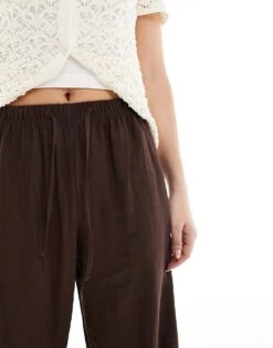 Bershka Tie Waist Wide Leg Linen Trousers In Brown For Women -Chic Maze Sales 208370350 4