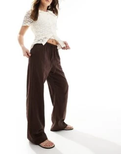 Bershka Tie Waist Wide Leg Linen Trousers In Brown For Women -Chic Maze Sales 208370350 5