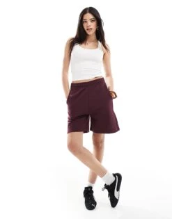 Bershka Longline Sweatshshorts In Burgundy For Women